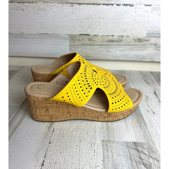 Cato Women's 11 Comfort Goldenrod Cork Wedge Slip-On Laser Cut Summer Sandals - Picture 4 of 9